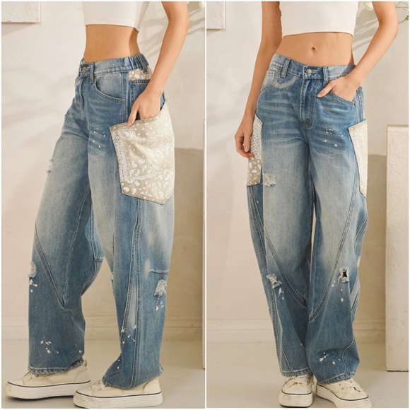 Oli & Hali Medium Wash stretchy waist paisley print Denim Jeans - Picture 3 of 5